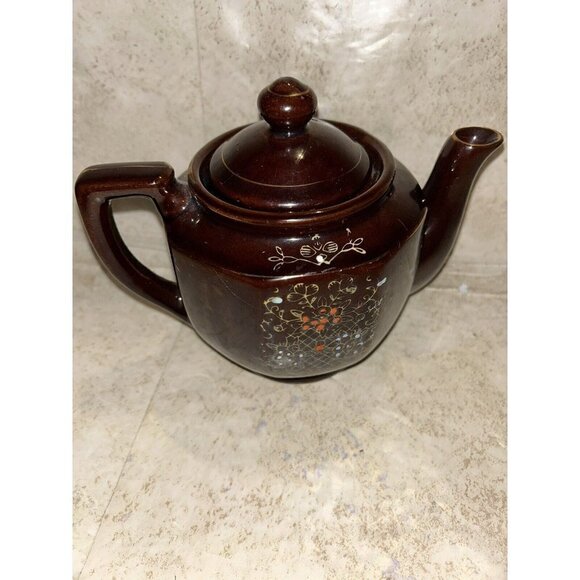 Vintage Japan Moriage Redware Hand Painted Floral Brown Coffee Tea Pot & Cup - Picture 4 of 10